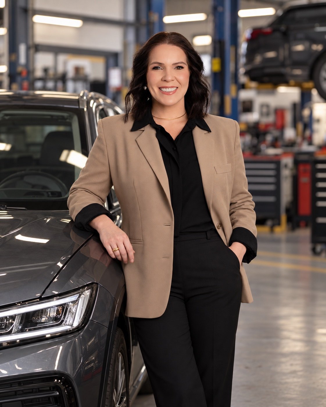 Daiane Dalzoto ao lado de um carro em uma oficina mecânica